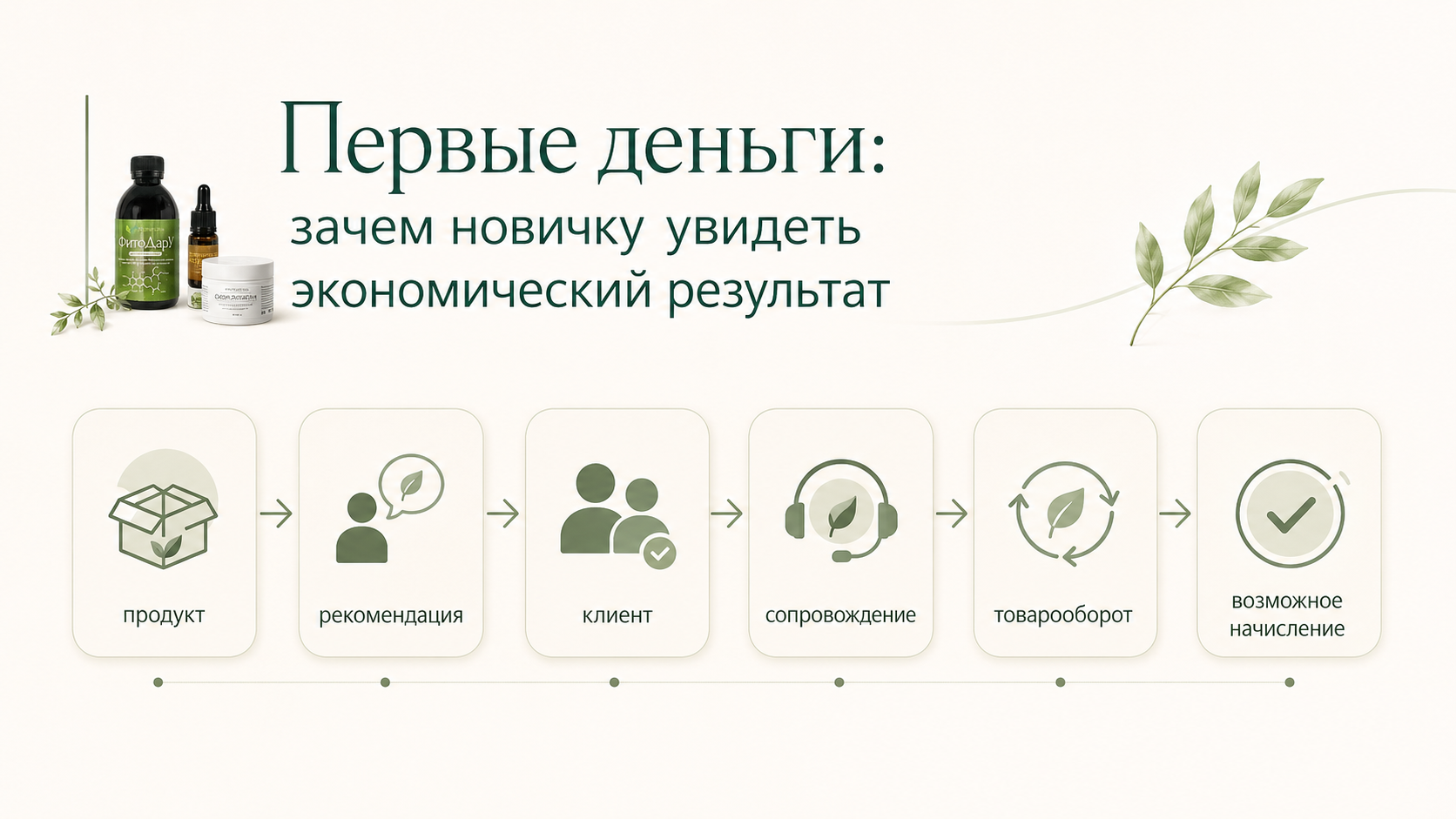 Первые экономические подтверждения новичка в сетевом маркетинге: продукт, клиент, сопровождение, товарооборот и возможное начисление